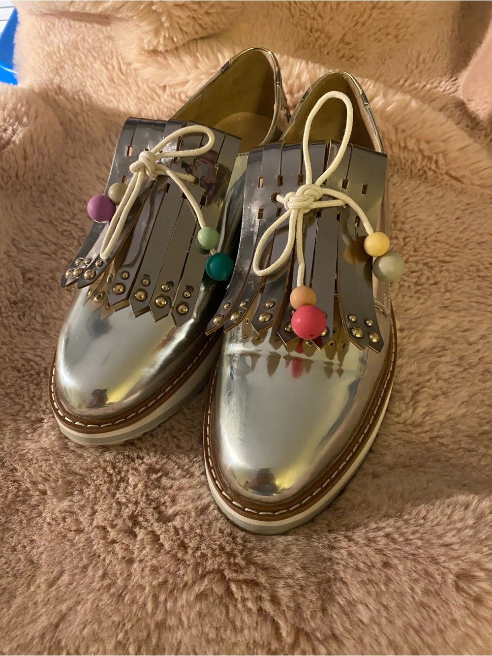 Zara - Metallic Silver Fringe Lace-Up Women’s Shoes with Colorful Bead Accents